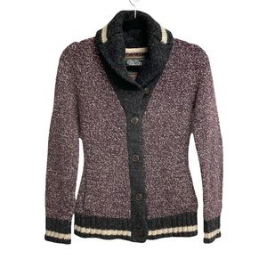 ROOTS Canada Wool Cabin Shawl Collar Button Front Cardigan Sweater Purple Grey